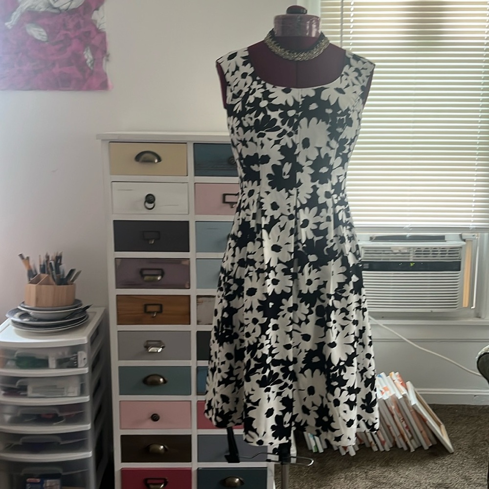 Black label by Evan Picone black and white lined zipper back sleeveless dress